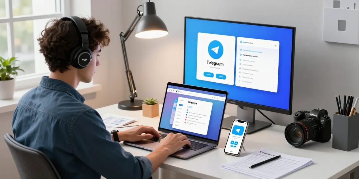 Download Telegram on a modern workspace with laptop and smartphone notifications.