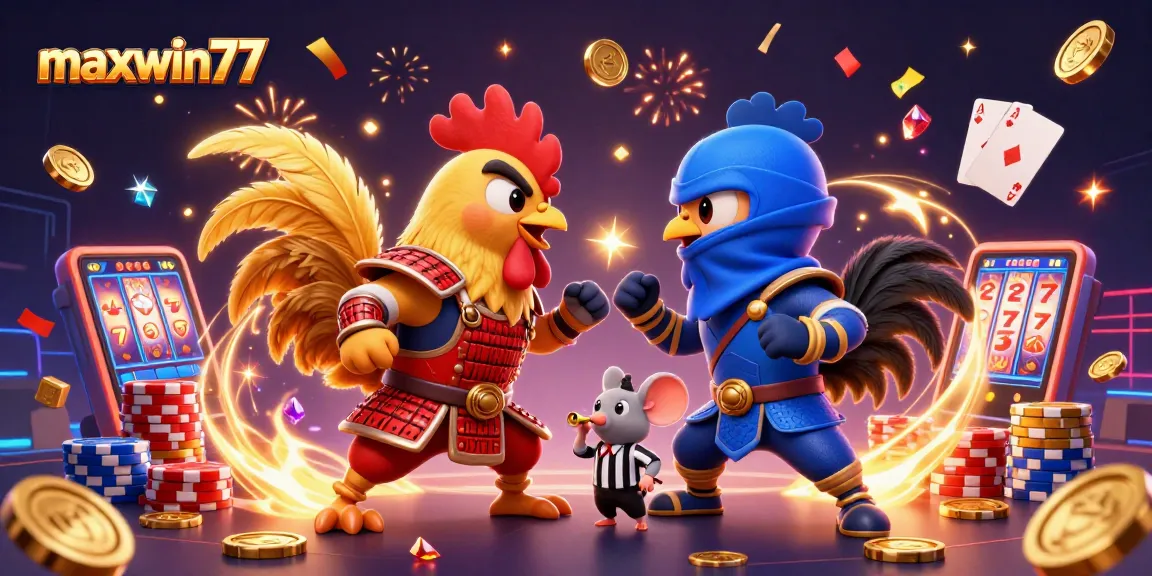 Experience thrilling gameplay at maxwin77 with vibrant roosters battling amid sparkling gems.