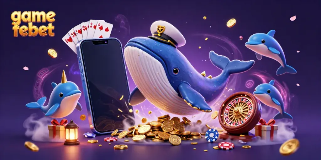 Engage with game febet featuring an epic scene of a whale, narwhal, and dolphins amidst a treasure of coins.