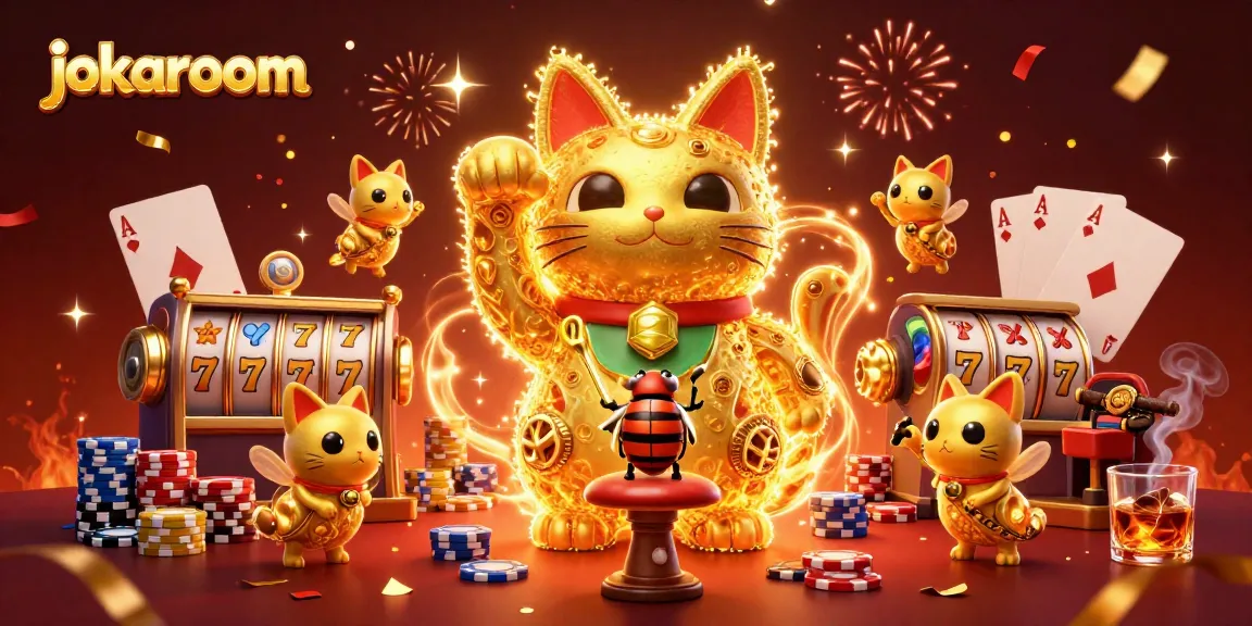 Engage with jokaroom's thrilling casino experience featuring a vibrant lucky cat and exciting slot elements.