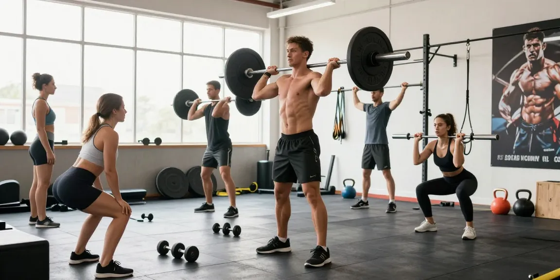 Unieke sporters trainen in de Unique Pharma Steroïden Winkel, energieke sfeer met diverse fitnessactiviteiten.