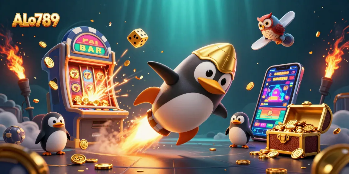 ALo789 showcases an animated casino adventure with a golden penguin and jackpot elements.