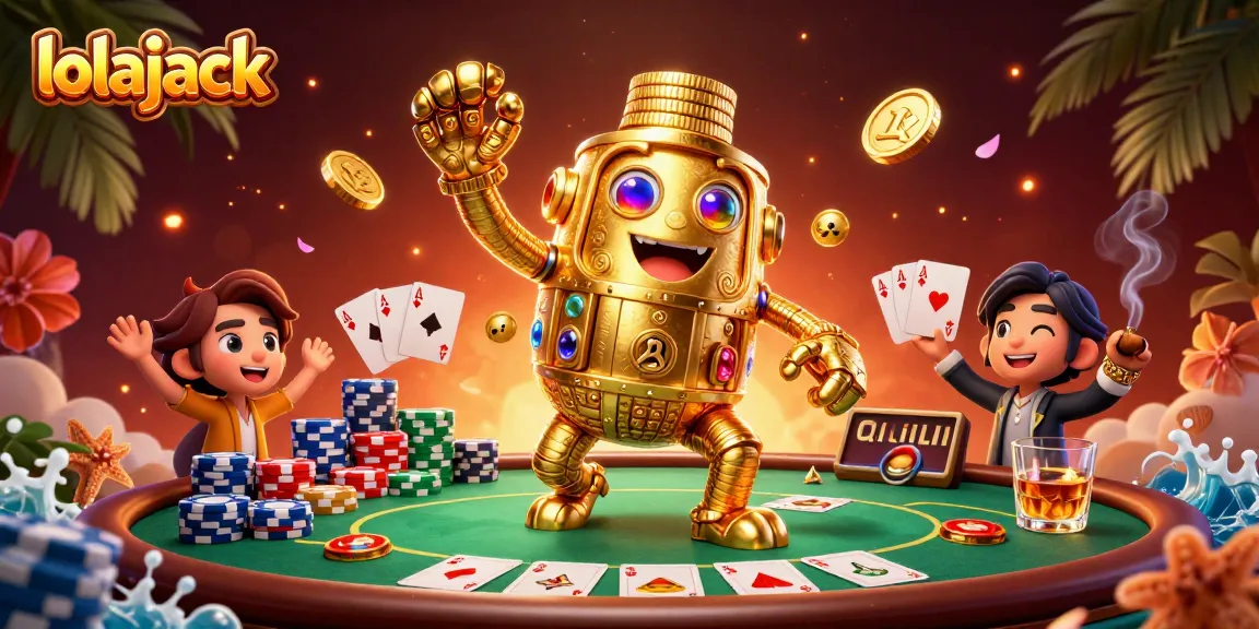 Experience thrilling gaming at lolajack with a vibrant casino scene featuring ancient golden golem and poker elements.
