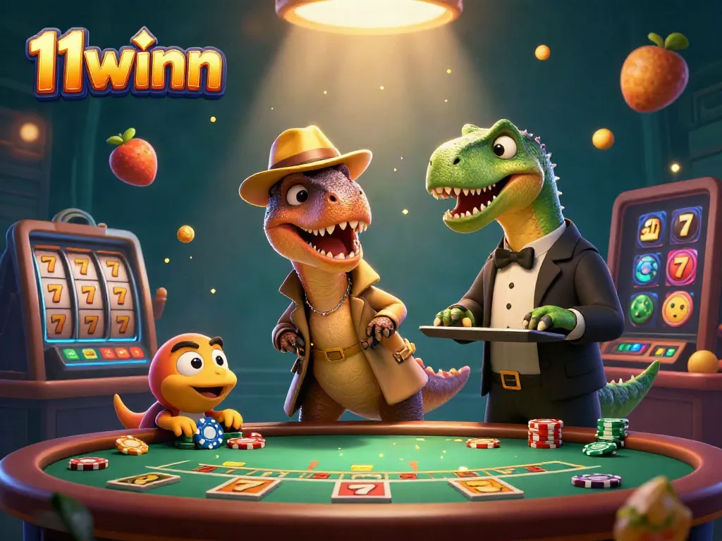 Engaging illustration of 11winn characters amidst vibrant slot machine action and casino atmosphere.