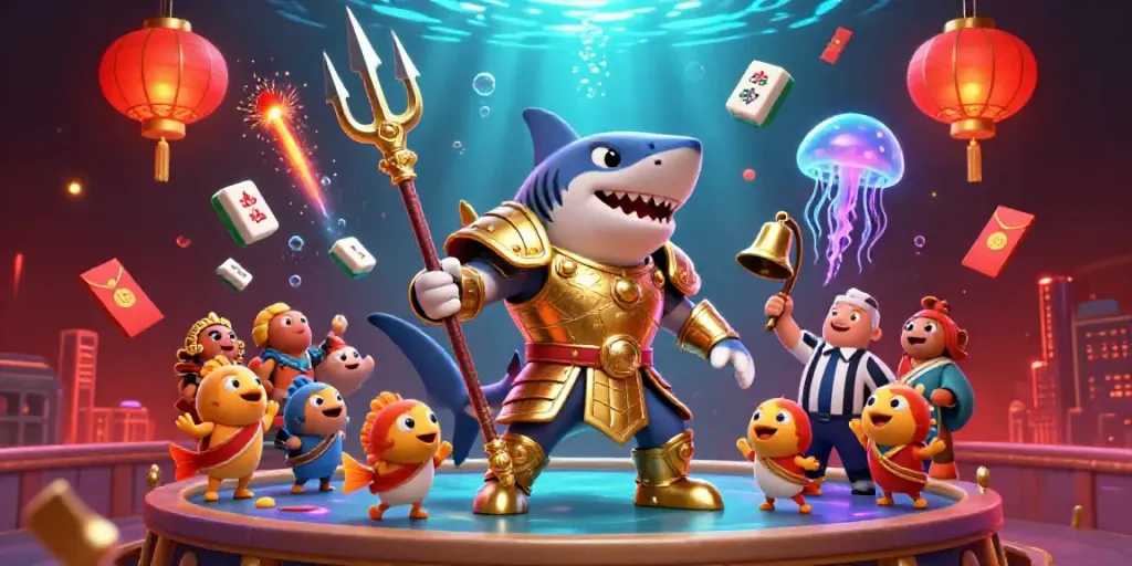 Bongdalu captures a vibrant underwater scene with a tiger shark gladiator amidst gold accents and cheering fish.