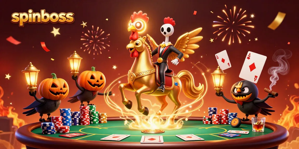 Spinboss casino scene showing the golden rooster character amidst poker game elements and festive visuals.