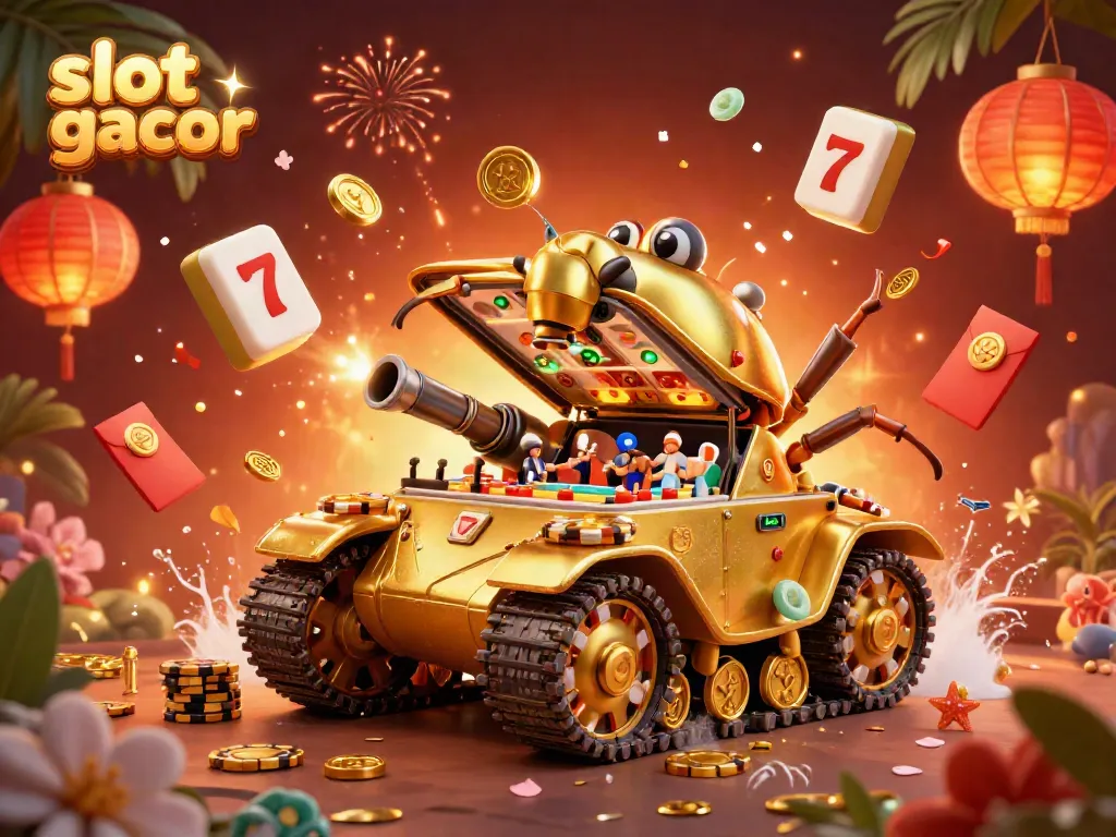 Experience the excitement of slot gacor with a golden beetle casino tank amidst vibrant festivities.