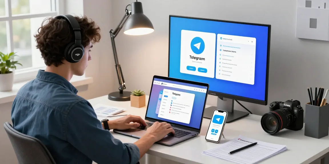 Download Telegram on a modern workspace with laptop and smartphone notifications.