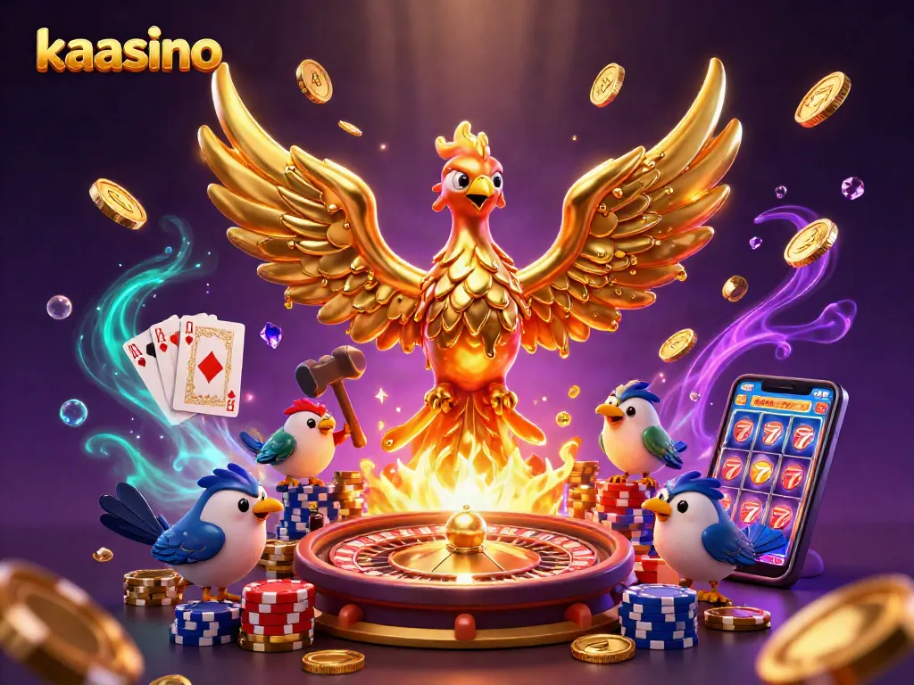 Experience the excitement of kaasino with vibrant golden visuals and dynamic illustrations of gaming elements.