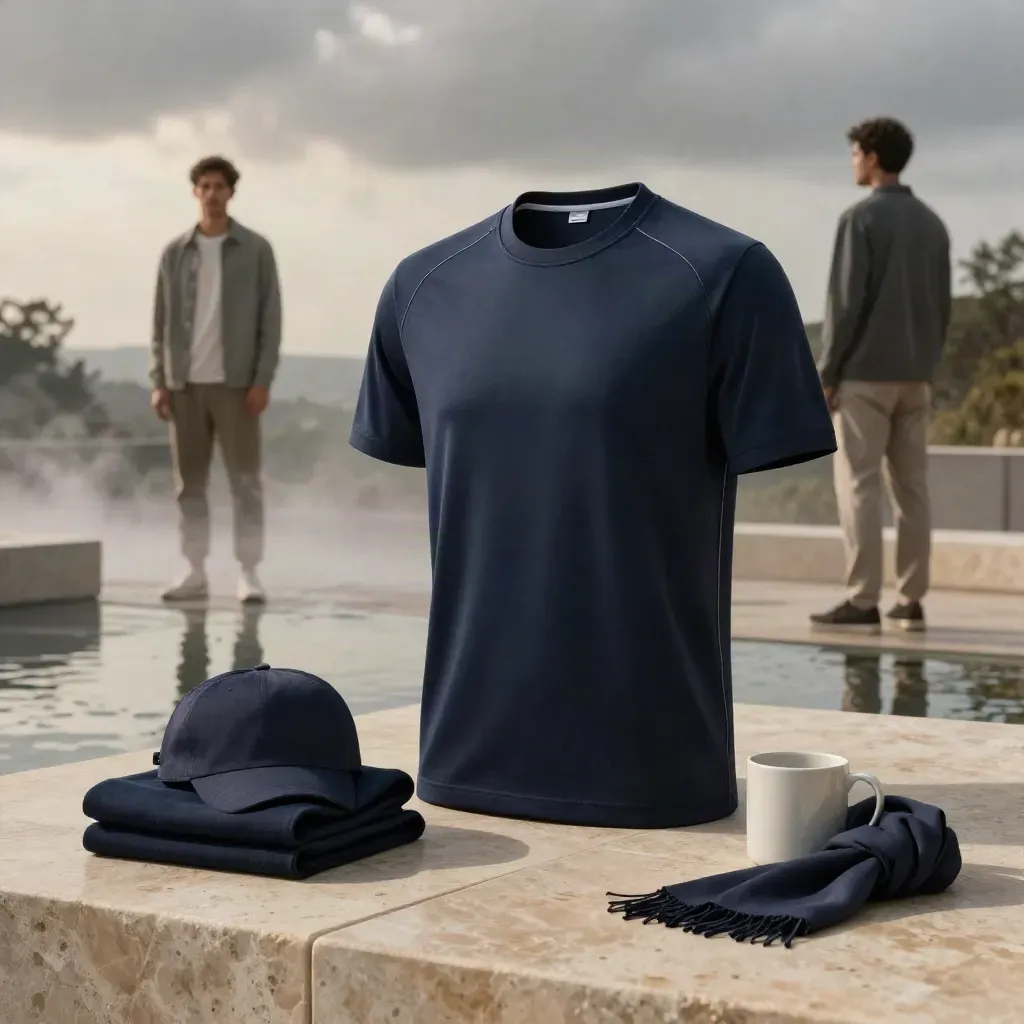 Navy clubshirt met hoodie, pet, sjaal en mok op natte steen in dramatisch ochtendlicht.