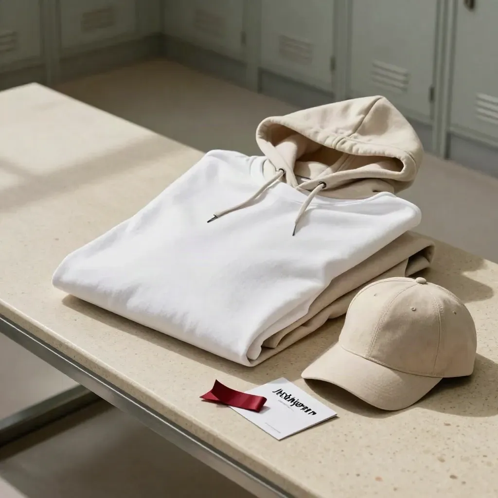 Clubshirt, hoodie en pet in luxe set op een travertinen bank met zachte lichtnevel.
