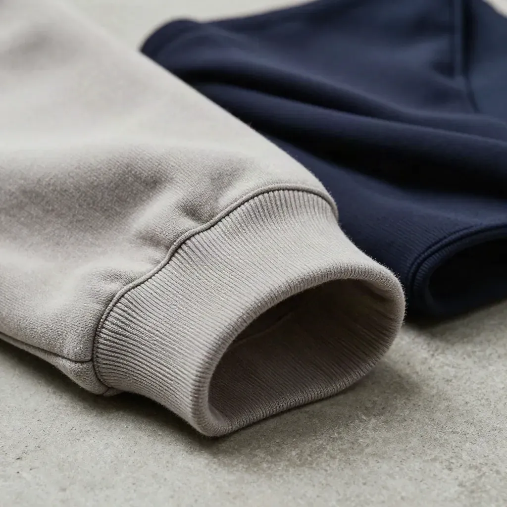Close-up van een premium teamhoodie in zachte stof op beton, met diepe capuchon en textuurdetail.