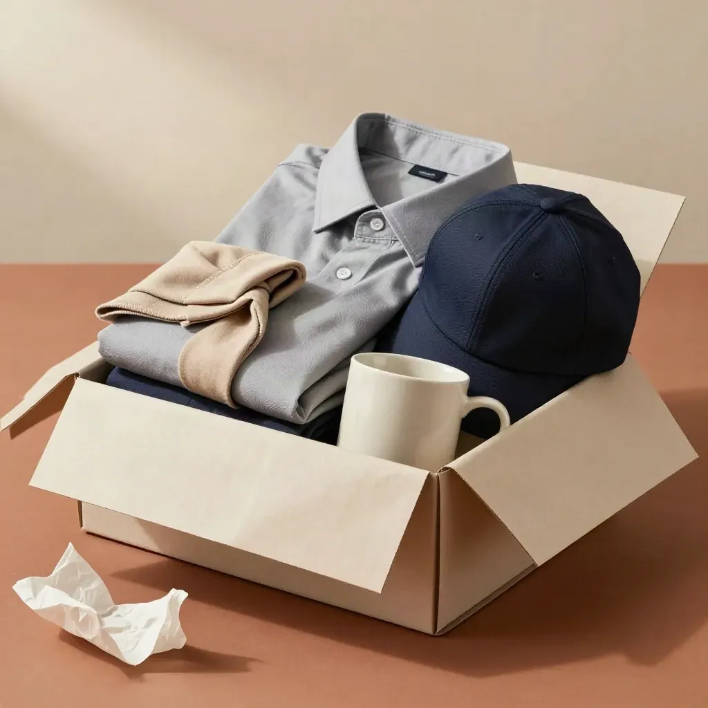 Welkomstset met shirt, sjaal, mok en pet in tissue op terracottakleurige sokkel.