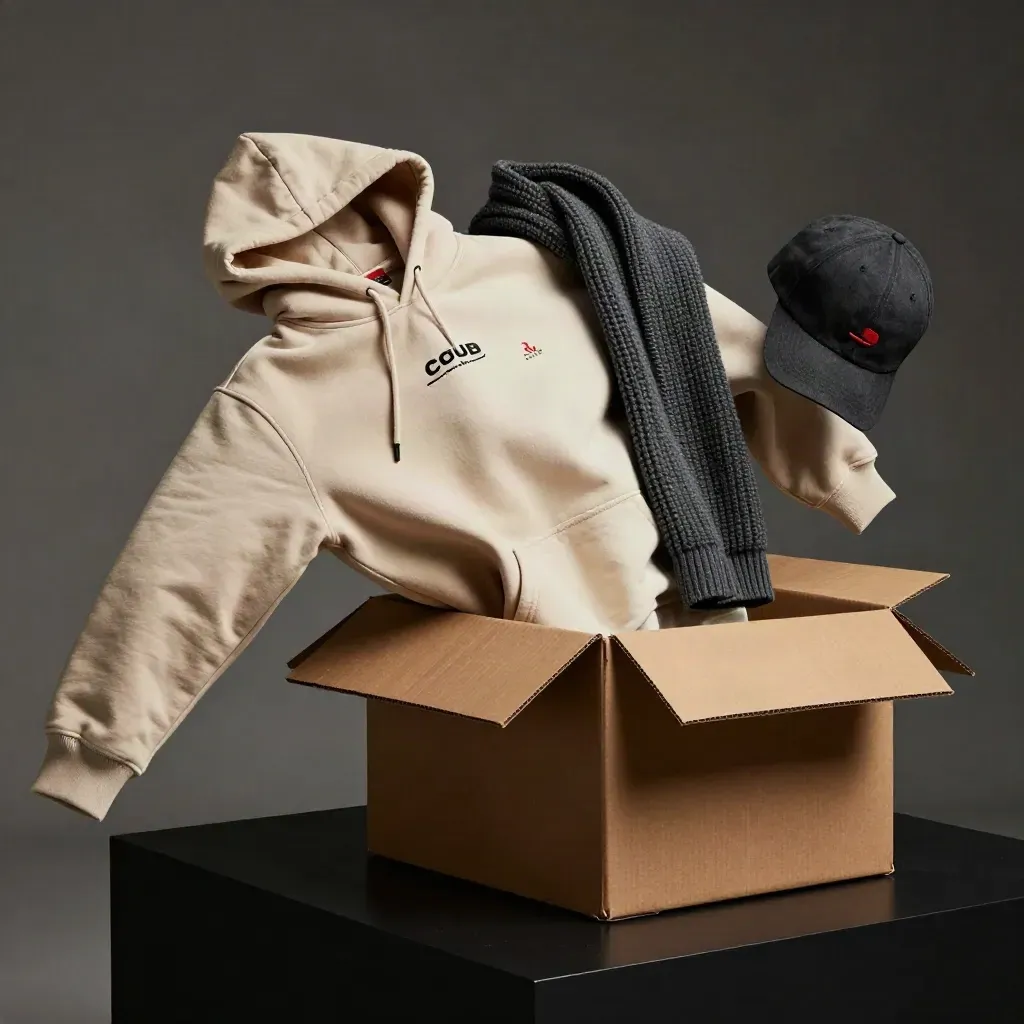 Shirt, hoodie, pet en sjaal waaien uit een kraftdoos op zwarte ondergrond.