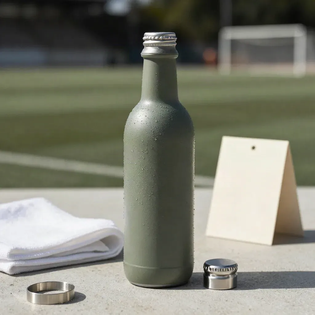 Matte metalen drinkfles met condens, reserve dop en displaykaart op licht beton.