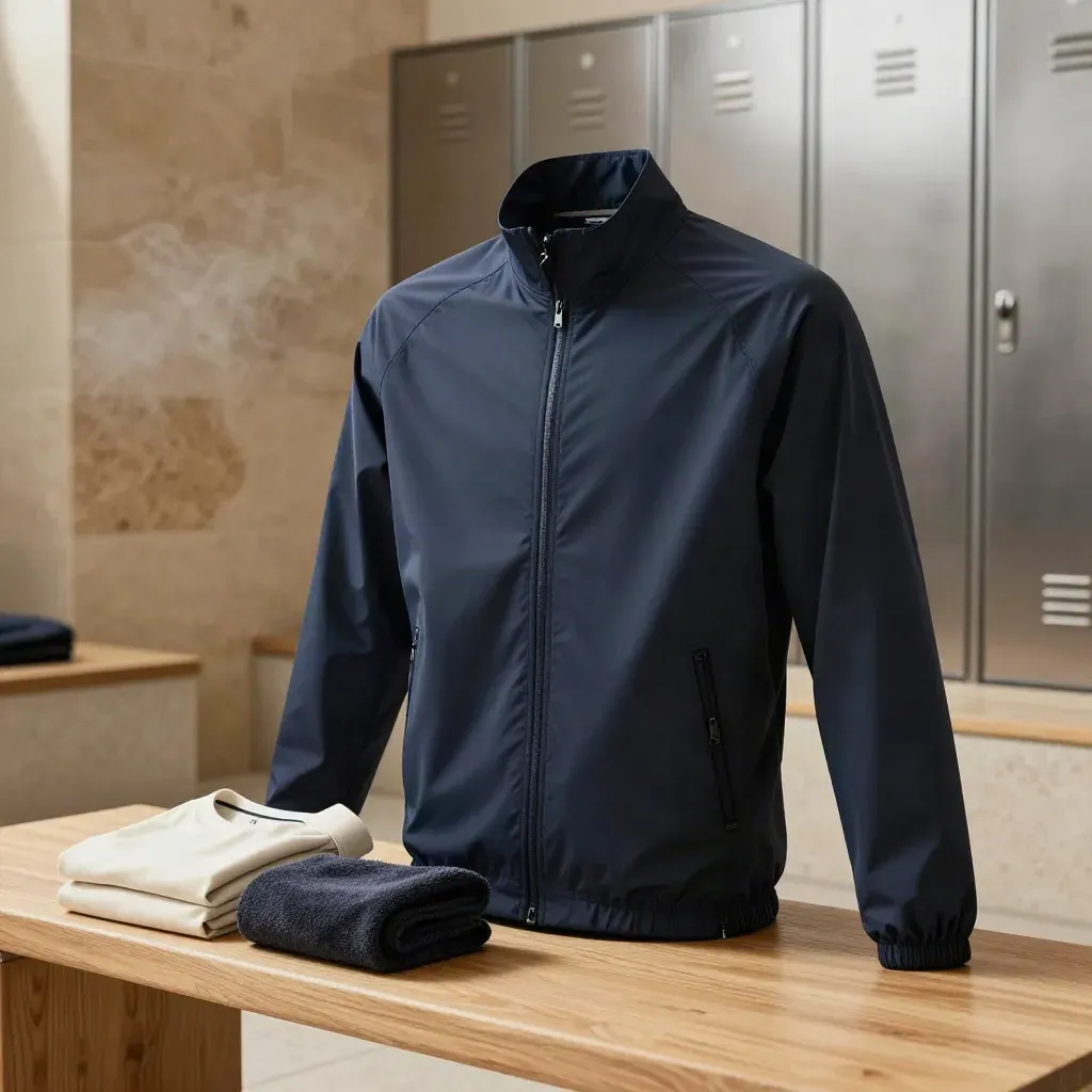 Navy trainingsjas op luxe clubbank met zachte daglichtsfeer en nevelige kleedkamer.