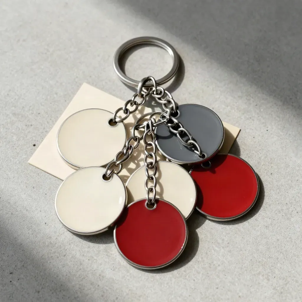 Vijf sleutelhangers met badges in strakke flatlay op licht beton met rode accenten.