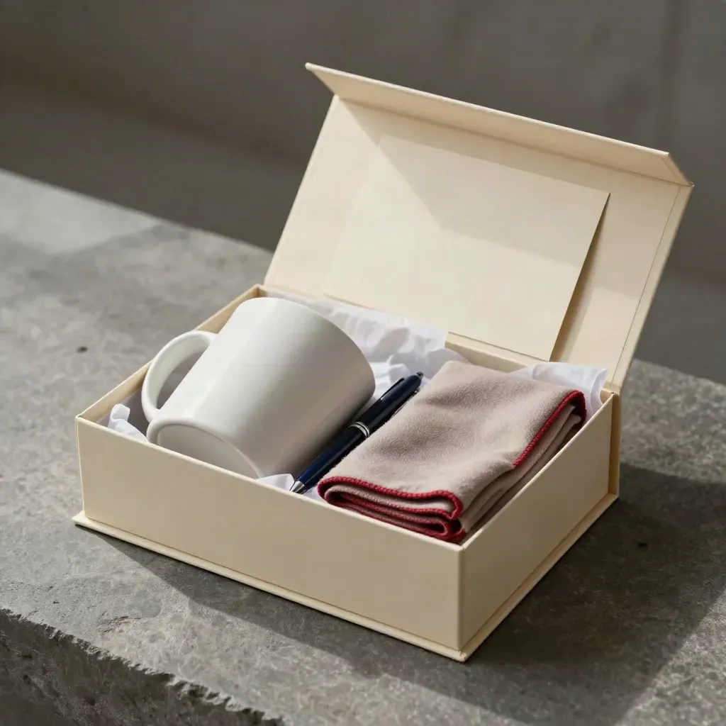 Open cadeaupakket met mok, pen en sjaal in doos met tissue, zacht gestyled op steen.