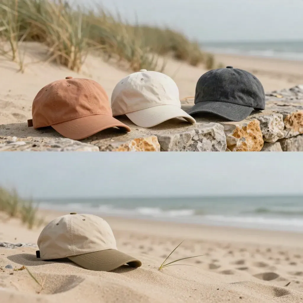 Petten op een stenen richel boven duinen in zachte zeemist en wind.