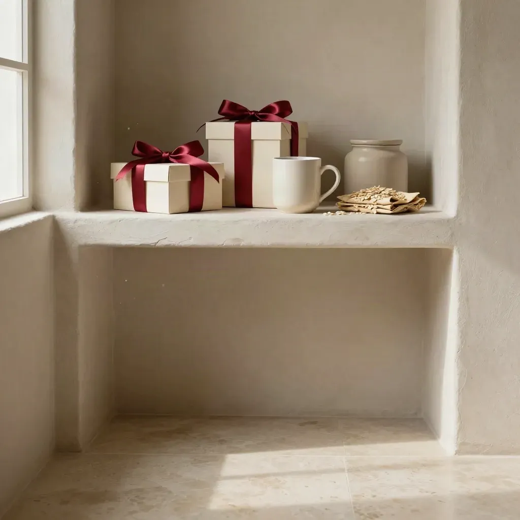 Geschenkdozen en keramieken mok in een lichte nis met rustige stenen vloer.