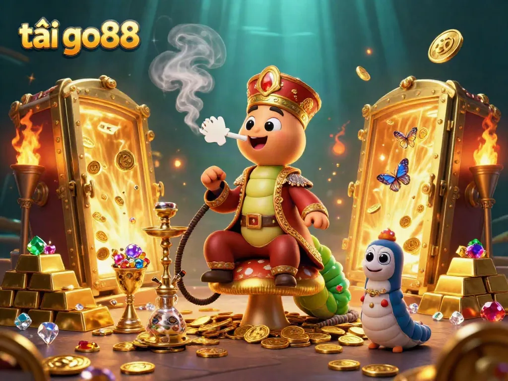 Engage with the vibrant world of tải go88, featuring playful casino characters amidst a treasure trove of gems and coins.