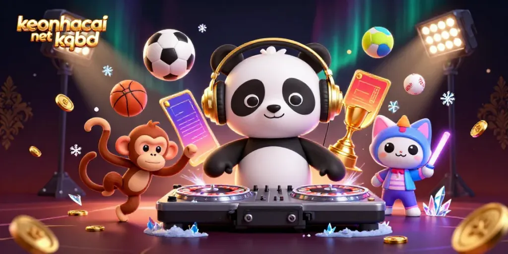 Experience excitement with keonhacai net kqbd in a vibrant illustration featuring a DJ panda spinning, sports elements, and dynamic visuals.