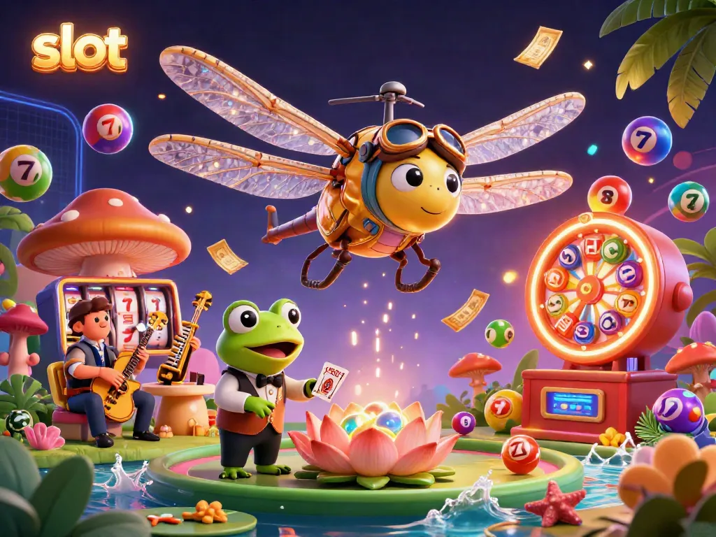 Engaging dragonfly pilot hovering over a casino, surrounded by vibrant slot-themed elements.