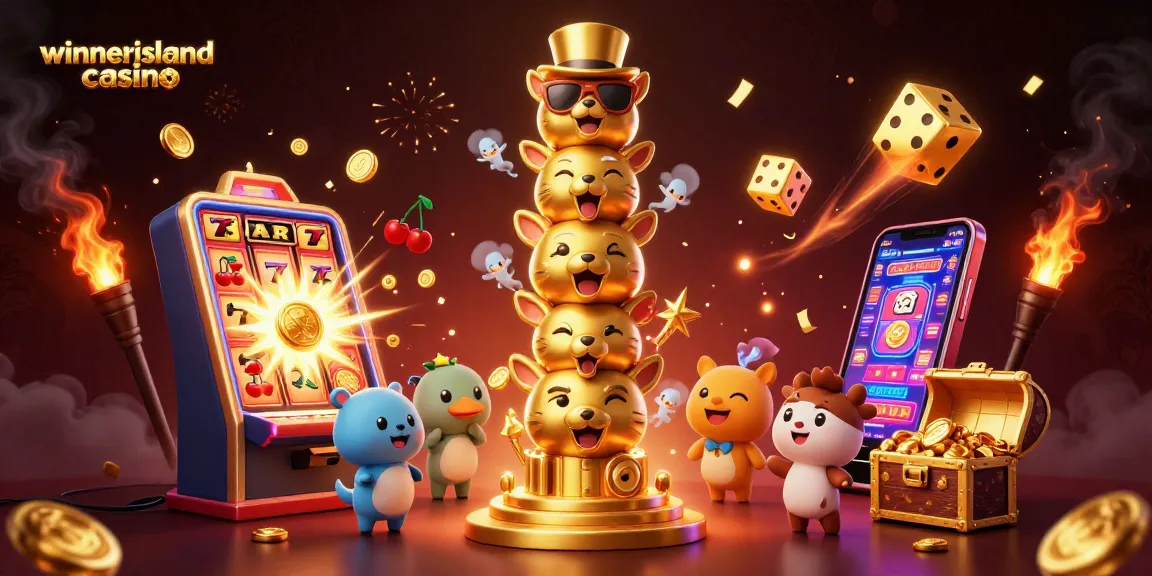Engage with winnerislandcasino's vibrant 3D totem illustration featuring dynamic casino game elements and excitement.