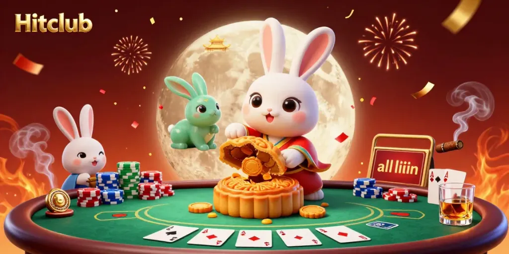 Engage in the Hitclub casino adventure featuring a cartoon moon rabbit and poker chips.