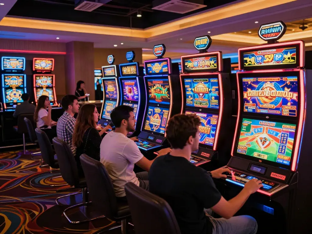 Exciting online gaming atmosphere at https://da88z.net/ featuring players at vibrant slot machines.