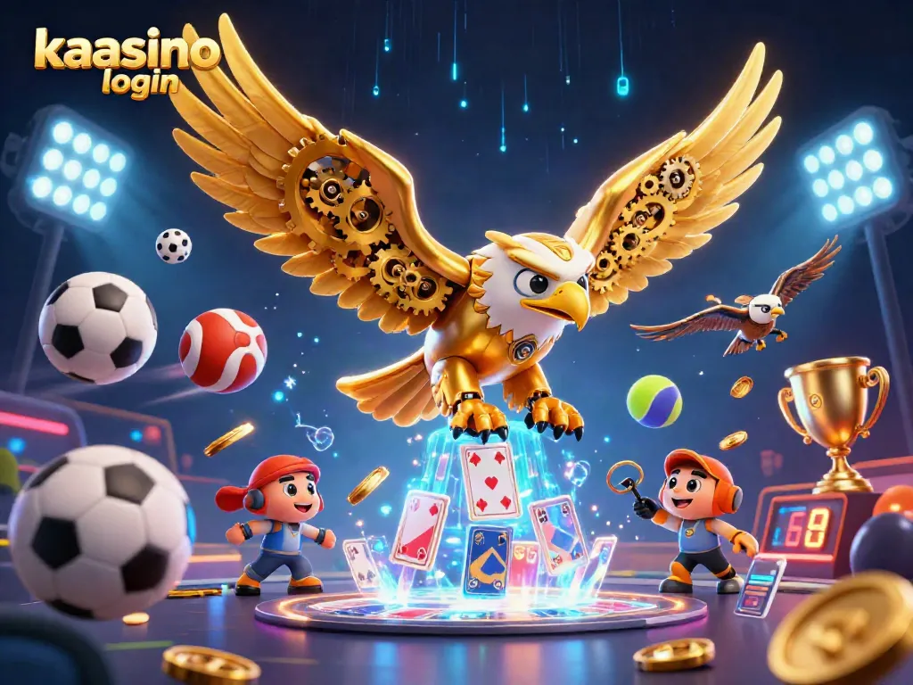 Fly high with kaasino login as a cybernetic eagle soars through vibrant casino elements.