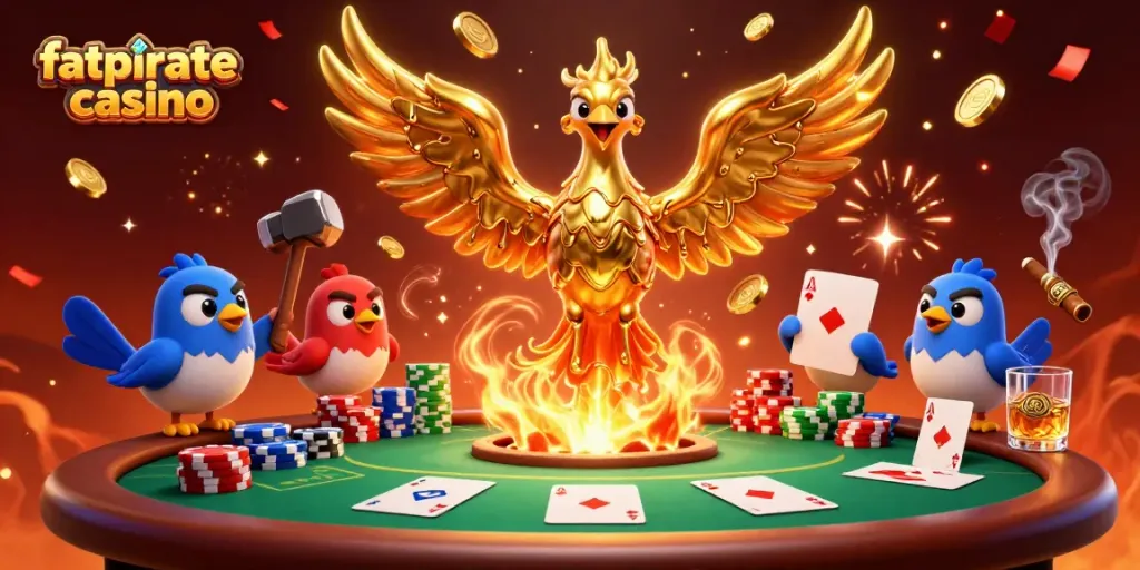Experience thrilling gameplay at fatpirate casino with golden phoenix and poker excitement.