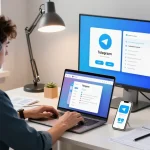 Download Telegram on a modern workspace with laptop and smartphone notifications.
