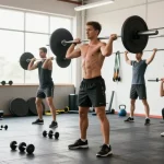 Unieke sporters trainen in de Unique Pharma Steroïden Winkel, energieke sfeer met diverse fitnessactiviteiten.