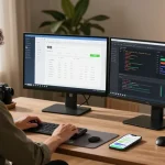 快连用户在现代家办公室中使用应用程序，显示网络性能数据。