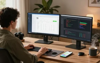快连用户在现代家办公室中使用应用程序，显示网络性能数据。